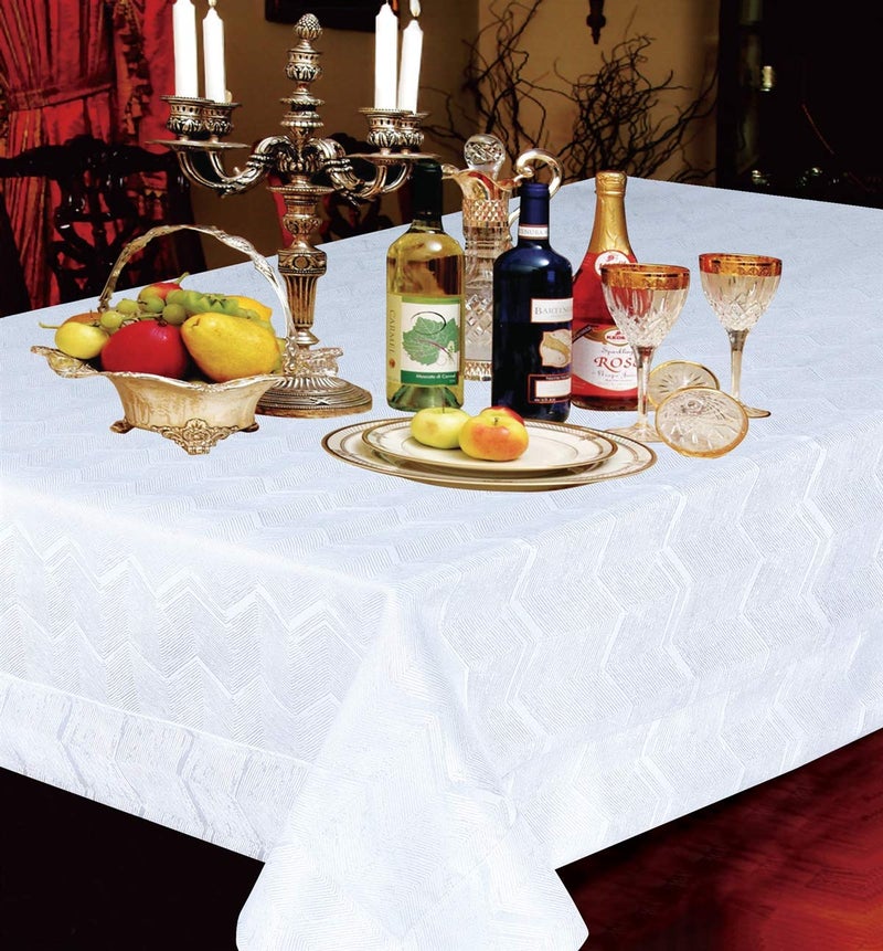 Violet Linen Princess Zig Zag Vertical Stripes Chevron Pattern, Polyester Jacquard, with Metallic Thread, White, 70 Inch x 140 Inch, Seats 12 to 14 People, Rectangular Tablecloths